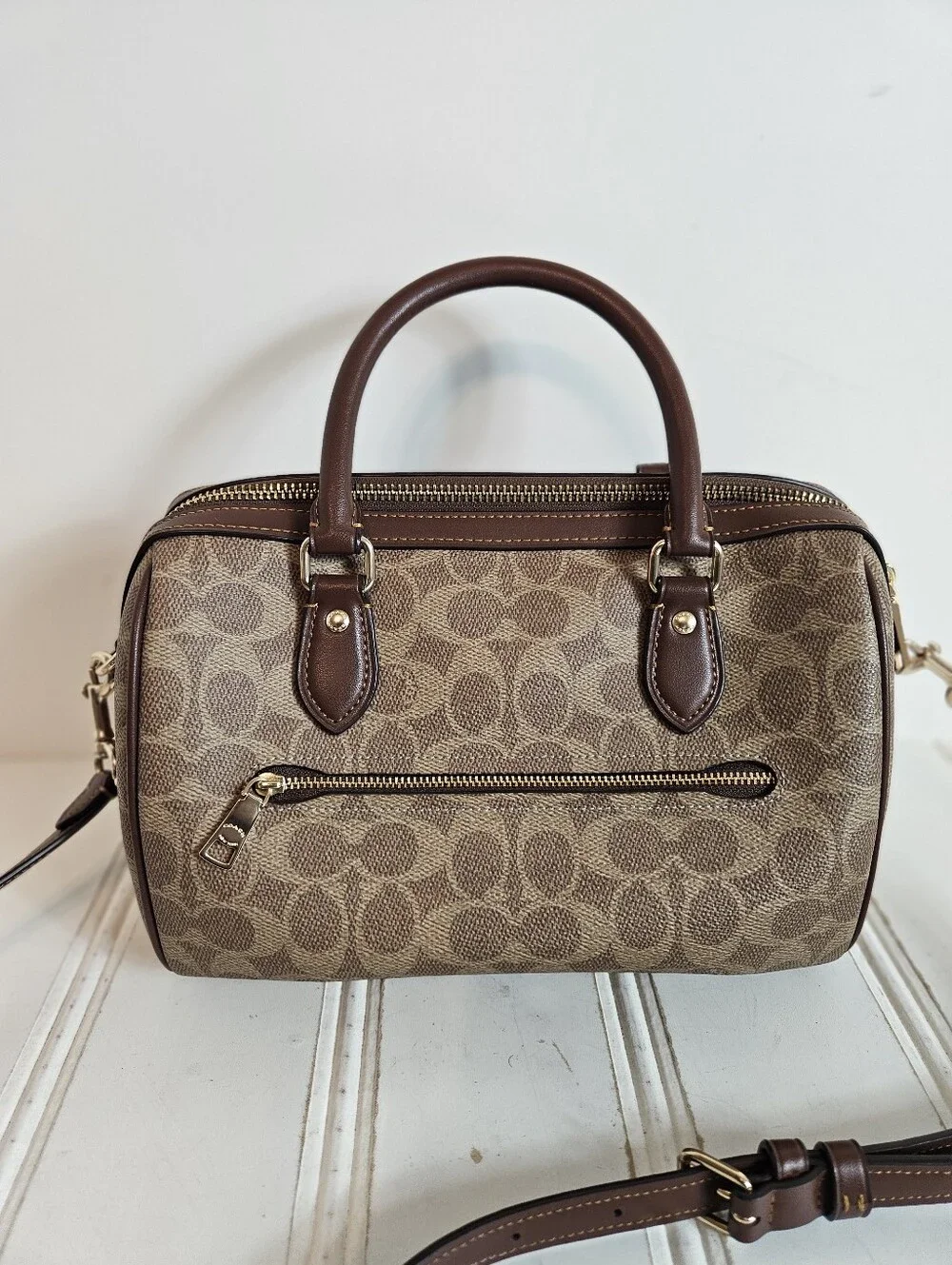 Coach Satchel OS Rowan Signature Canvas Crossbody Top Handle Gold Tan Brown